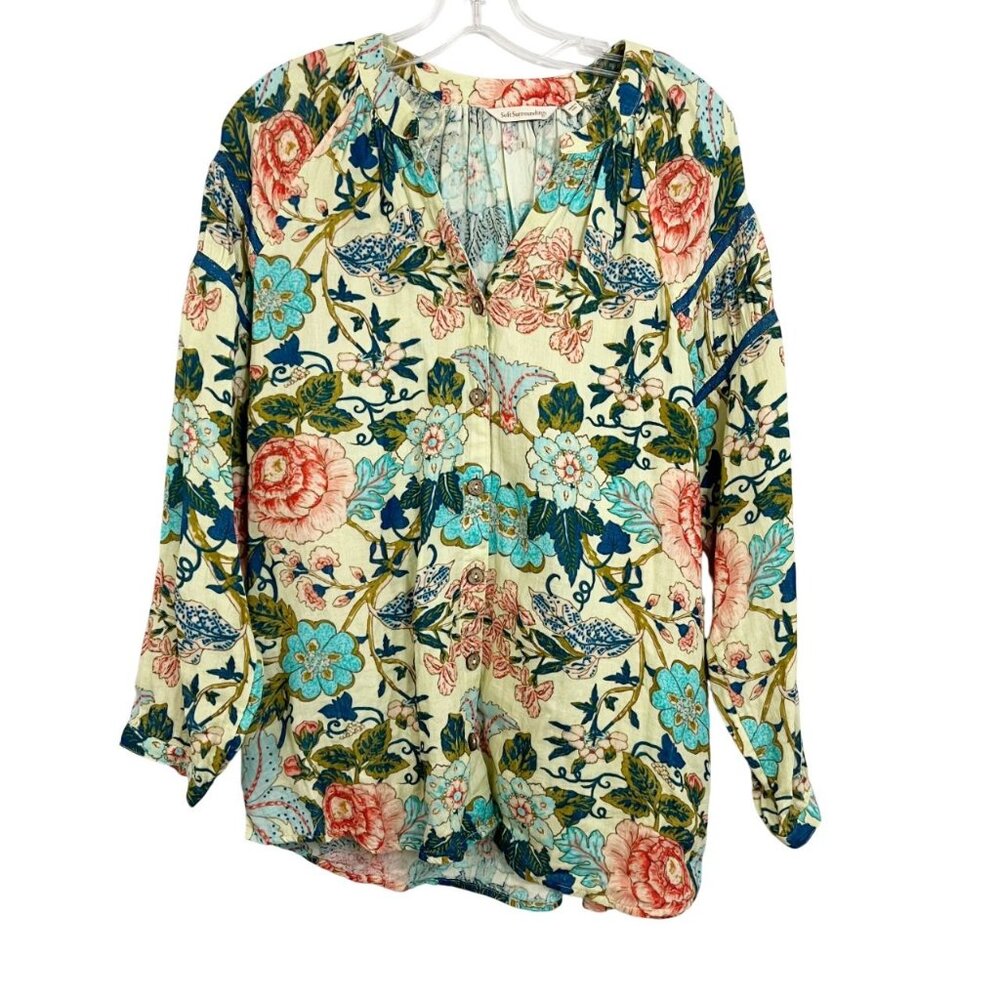 Soft Surroundings Yellow Floral Long Sleeve Peasant Top - Size Large